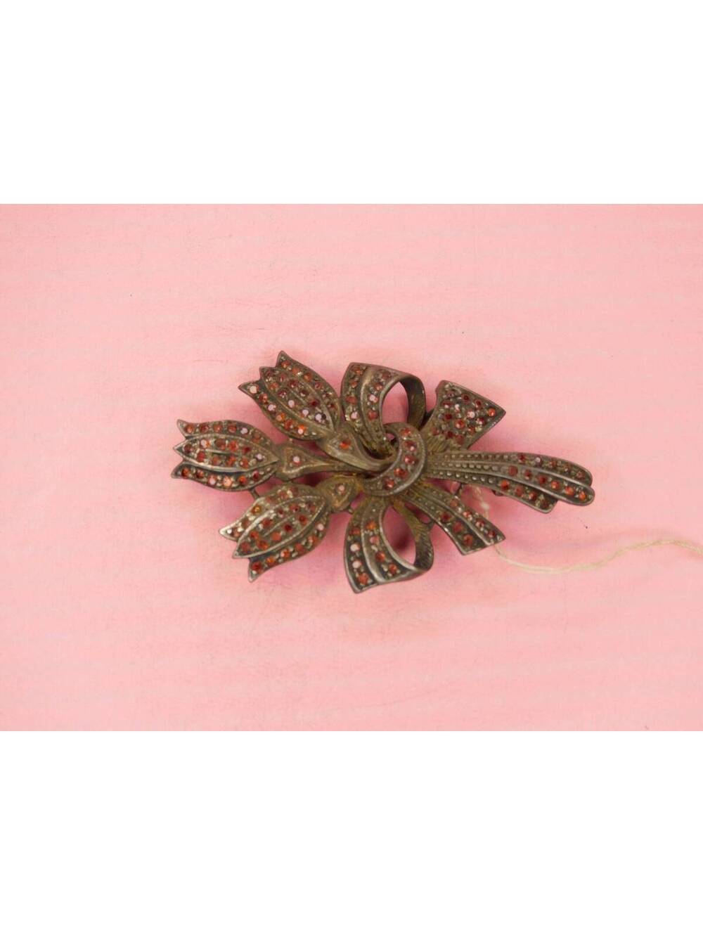 Vintage Sterling Floral Pin with Red Rhinestones